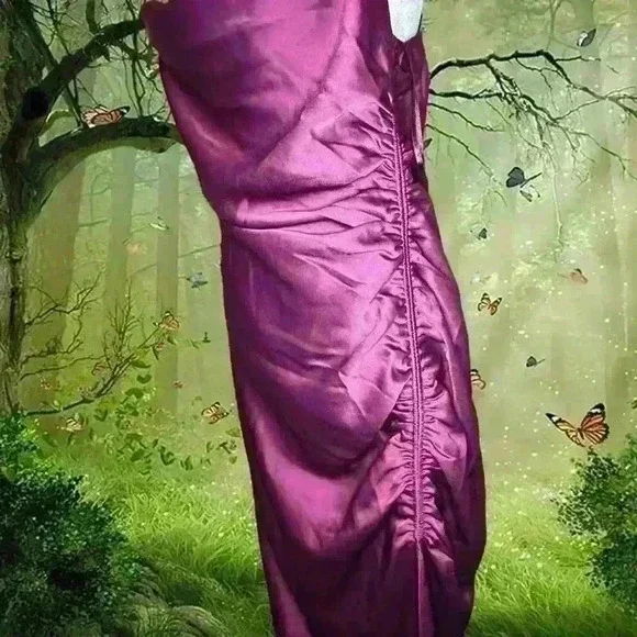 BHLDN DARK BERRY Women's Jennings Ruched Side-Slit Satin Gown - Picture 3 of 12